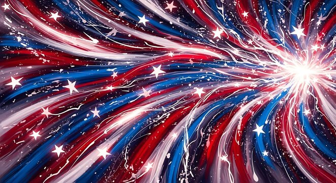 Vibrant red white and blue starburst with sparkling stars and streaks