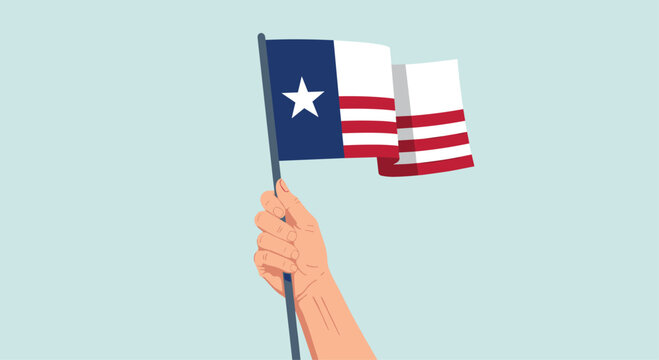Illustration of a hand proudly holding and waving the Lone Star flag, the official state flag of Texas, on a light blue background.