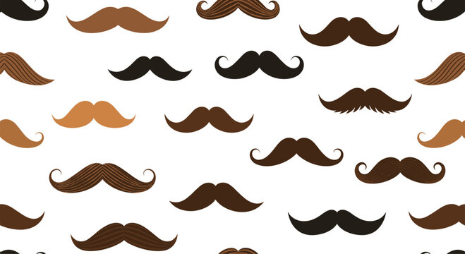 Fun seamless repeating pattern with a variety of mustache styles in different shapes and brown shades for a quirky, retro design.