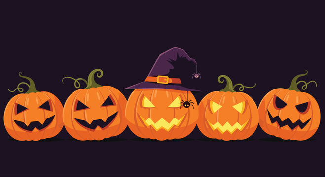 Spooky halloween banner with a row of five carved jack-o'-lanterns, one wearing a witch hat with a spider, on a dark background.