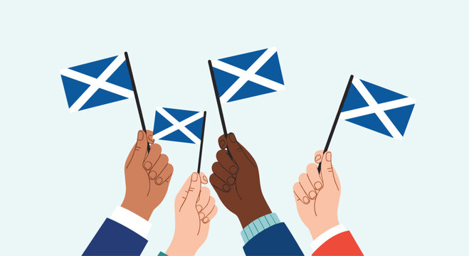 Supportive group of multicultural hands holding and waving the national flag of Scotland, celebrating Scottish pride and heritage.