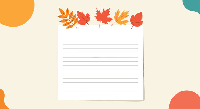 Lined note paper template decorated with a border of colorful autumn leaves, set against a background with abstract organic shapes.