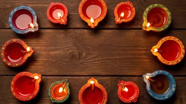 Diwali Festival Of Lights Celebration With Diyas Arranged On Wooden Background.