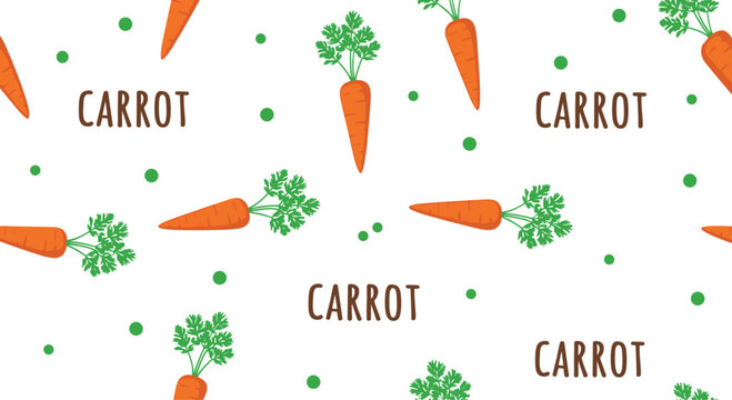 Fresh seamless vegetable pattern featuring bright orange carrots with green tops and the word 'CARROT' on a white background.