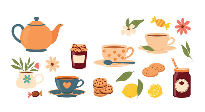 Charming collection of tea party essentials, including a teapot, teacups, cookies, jam, and lemons for a cozy afternoon.