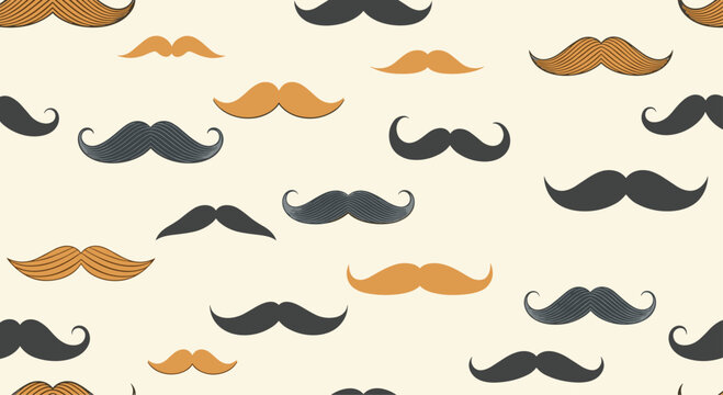 Stylish seamless pattern with various types of mustaches in different colors, creating a fun, retro, and masculine background.