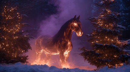 Naklejka premium A black horse with glowing orange veins stands in snowy twilight forest, surrounded by snow dusted evergreens with warm string lights, casting ethereal magic.