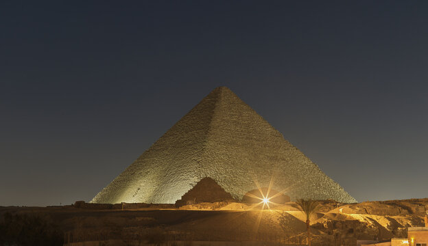 Great Pyramid of Khufu Illuminated at Night with Dramatic Lighting, Giza