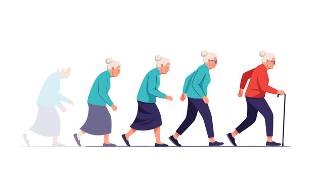 Illustration showing the stages of aging and mobility changes for a woman from middle age to her late adulthood years.