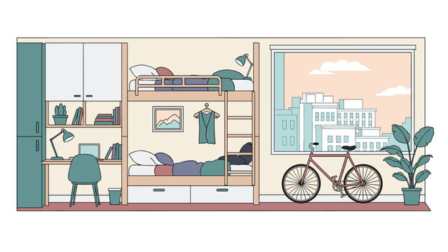 Cozy and organized student dormitory room featuring bunk beds, a study desk, a bicycle, and a beautiful city view.