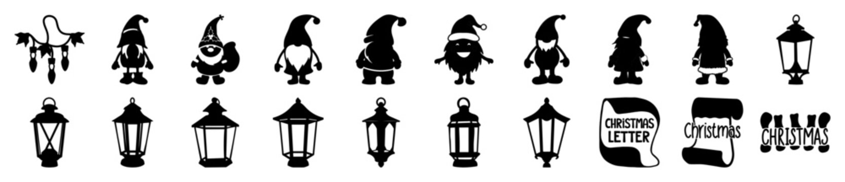 Christmas gnome and lantern SVG bundle, black silhouette holiday icons, 20 winter garden gnome and vintage lamp elements for laser cutting