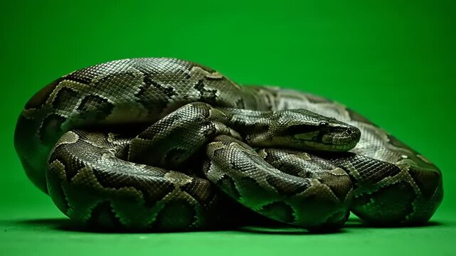 A coiled python snake with intricate patterns displayed against a vibrant green background, showcasing its scaly texture and reptilian form