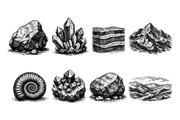 Collection of geological and paleontological illustrations in vintage style