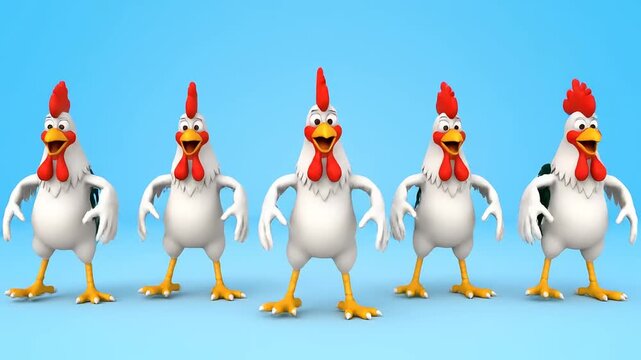A cheerful lineup of five animated 3D cartoon chickens standing proudly in a vibrant row against a clear blue background, showcasing their fun and playful character