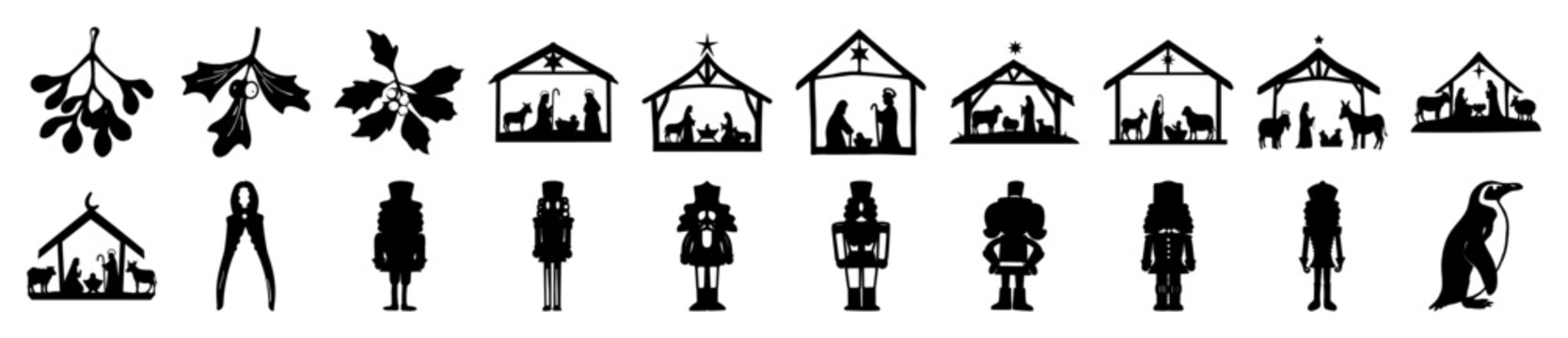 Christmas Nativity and Winter Holiday Icons, Black Silhouette Mistletoe and Nutcracker SVG Set, 18 Religious and Festive Vector Elements