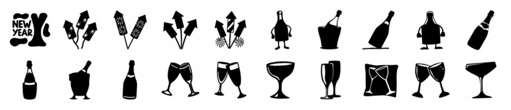 New Year celebration icons set, black champagne bottle and fireworks SVG, party event silhouette graphics, 22 festive holiday elements