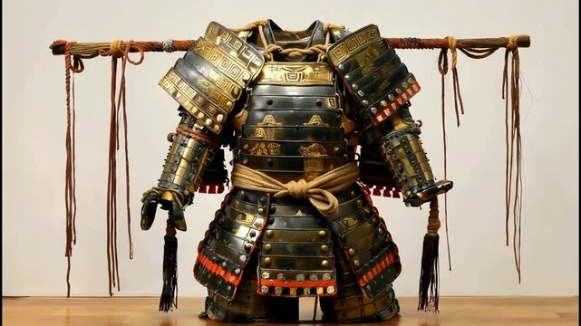 Traditional Japanese Samurai Armor Displayed on Stand.