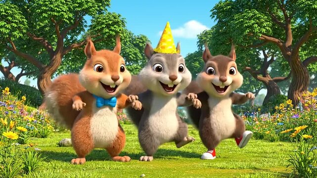 Three happy animated squirrels celebrating in a vibrant outdoor setting, a high-quality 3D render perfect for cheerful stock animation and digital media projects