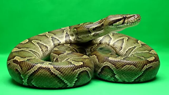 A large python snake with intricate patterns coiled on a vibrant green background
