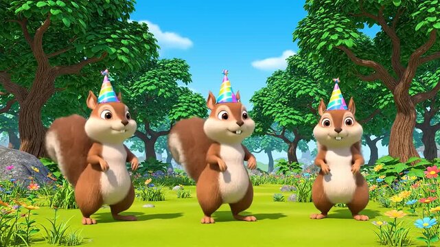 Three adorable animated squirrels in vibrant party hats celebrate a joyful occasion amidst a lush green forest, embodying whimsical fun and festive woodland adventures for kids and families