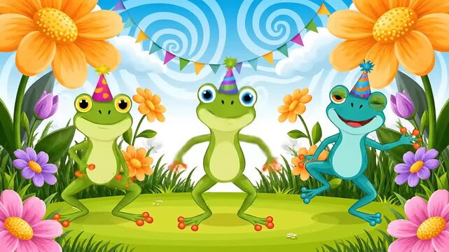 Whimsical Celebration Three Cheerful Cartoon Frogs in Party Hats Dancing Amidst Vibrant Flowers and Festive Decorations Under a Swirling Sky