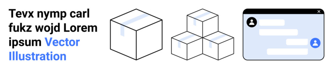 Fototapeta premium Logistics, e-commerce, package tracking, communication, UI design, digital applications. Minimalist cubes and user interface with text. Logistics and e-commerce visualization