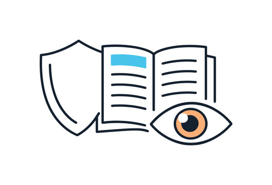 Organizational responsibility and transparent reporting for trustworthy operations, a shield combined with an open document and a small eye symbol representing visibility