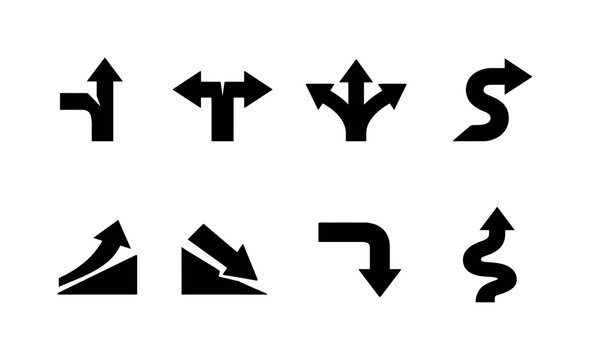Navigation road arrows: highway exit arrow sign, directional pointer arrow sign, route fork arrows sign, S curve road arrow sign, uphill road arrow sign, downhill road arrow sign