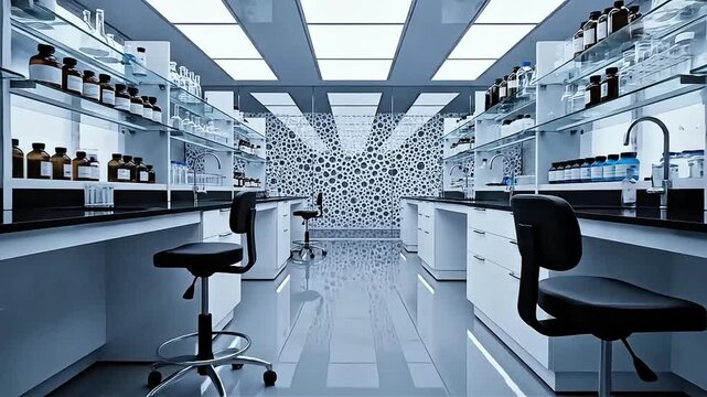 Bright modern laboratory interior showcasing workstations, shelves, sink and stools in a clean white‑gray environment from a wide angle view
