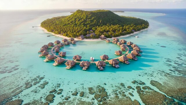 Aerial perspective of a tropical island featuring circular overwater bungalows in a turquoise lagoon, with vibrant coral reefs and lush greenery visible