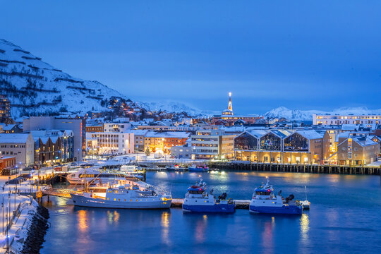 Hammerfest City Centre and Harbour in Deep Blue Polar Night Light from Above, Finnmark, Norway