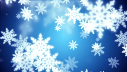 Obraz premium Christmas festive bright New Year background made of white glowing winter beautiful falling flying snowflakes patterns on a blue background