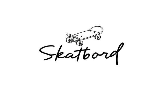 A simple black and white drawing of a skateboard with the word "Skateboard" in script below