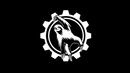 Fototapeta premium Black and white illustration featuring a sloth inside a gear, centered on a black background