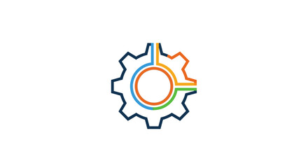 Obraz premium Modern gear logo icon with colorful integrated circuit lines.