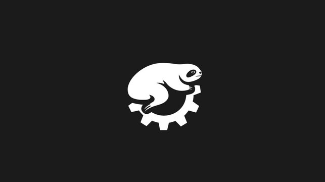 A white sloth design on a black background, depicted sitting on a gear