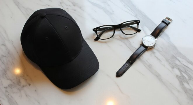 Minimalist accessories including a black baseball cap eyeglasses and a classic wrist watch.