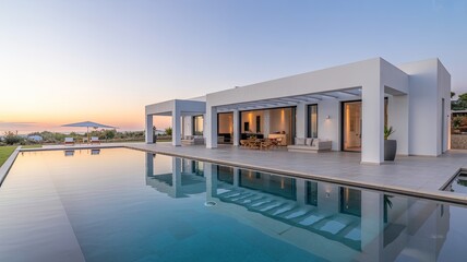 Fototapeta premium A modern white villa with a large pool and outdoor living area at sunset