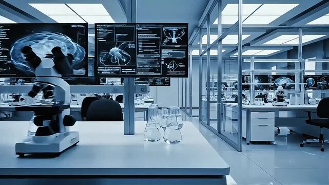 Researchers examine data at a modern blue laboratory table with microscope and monitors under bright skylight view