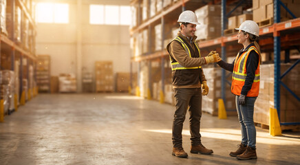 Obraz premium Smiling warehouse workers shaking hands in a distribution center. Happy male and female colleagues wearing hard hats and safety vests making a deal. Teamwork and logistics partnership concept
