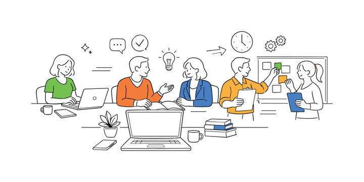 Office productivity and daily work activities concept showing employees performing different tasks such as typing, meeting, and organizing workflows in a modern workplace, using a