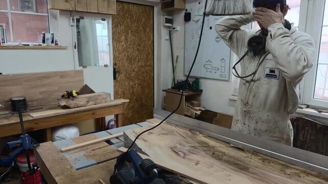 Woodworker Evaluating Timber Slab with Metal Straight Edge in Workshop Medium Shot