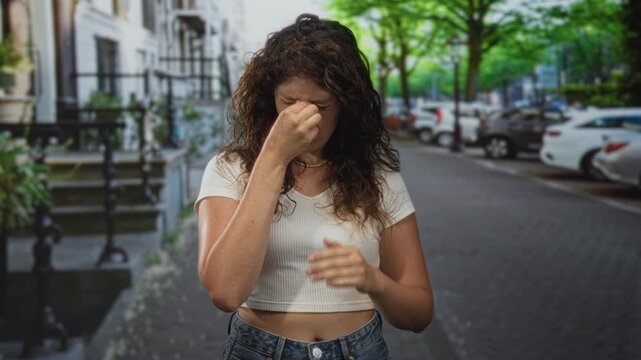 Young hispanic woman rubbing her temples and pinching her nose on a city street near parked cars and stoop steps; discomfort.