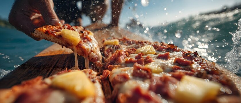 Fresh beachfront shack Hawaii grilled Spam pineapple pizza sliced shared among rowdy surfer clean professional stock photo sharp macro photography style cinematic realism ultra photorealistic no text