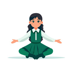 Fototapeta premium Young girl in green dress sitting crosslegged with open arms, meditating or presenting Concept of peace, mindfulness, and innocence