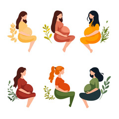 Pregnant women sitting with plants, diverse women in different dresses, concept of motherhood, pregnancy, and new life © Fernando