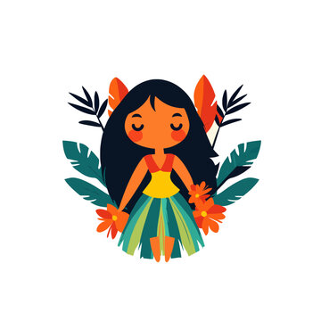 Cute Hawaiian girl in hula skirt with flowers and tropical leaves, smiling with eyes closed Concept of vacation, summer, and island paradise