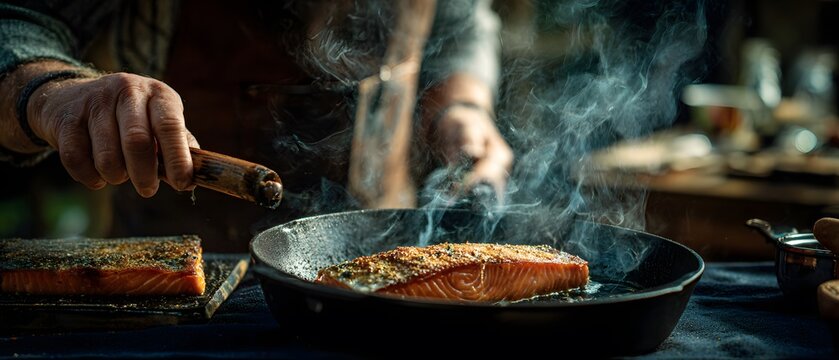 High above rugged Scottish Highlands remote estate rugged chef patiently prepares Pan Seared Arbroath Smokie dinner party clean professional stock photo sharp macro photography style cinematic realism