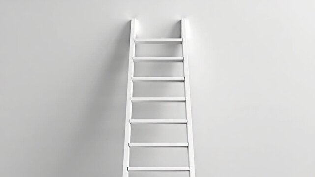 Video A simple white ladder leans against a white wall, suitable for use in minimalist or industrial designs