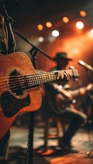 Obraz premium Vertical Poster Friendly Live Performance Scene with Guitar Strings and Singer in Luminous Blur